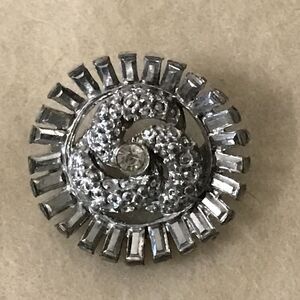 Vintage Strauss Import Marked Baguette and Round Clear Rhinestone Brooch Pin